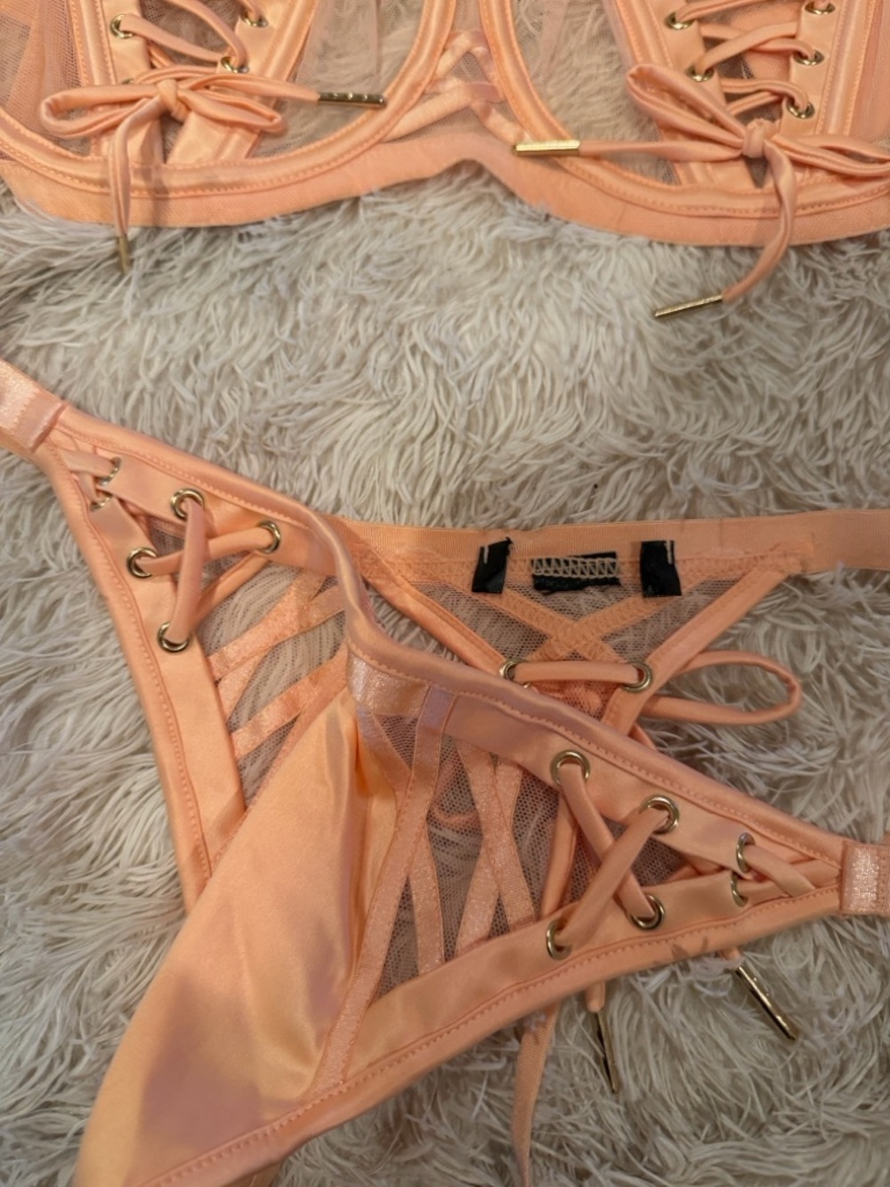 Honey Birdette Shannon 38D XL Peach Lace-Up Lingerie Set - Peach